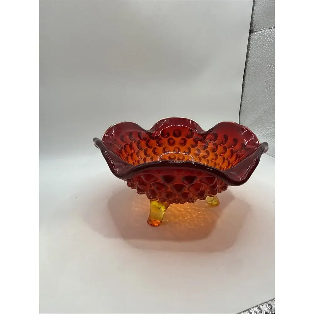 Vtg Fenton Amberina Red Orange Art Glass Hobnail Ruffled Bowl Candy Dish Glows *